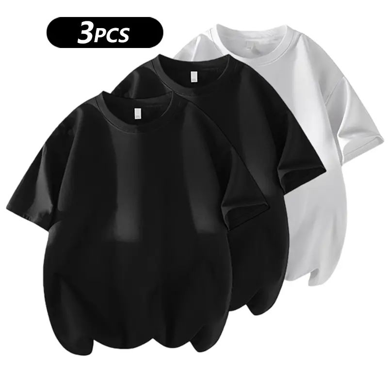 Men's 3PCS 100% cotton Crew Neck T-Shirts Set - Soft Loose Fit Navy Gray Black Tees for Casual Daily Wear