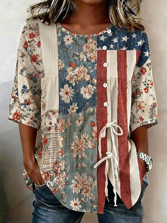 Women'S Cotton Linen Flower Printed Upper Garment