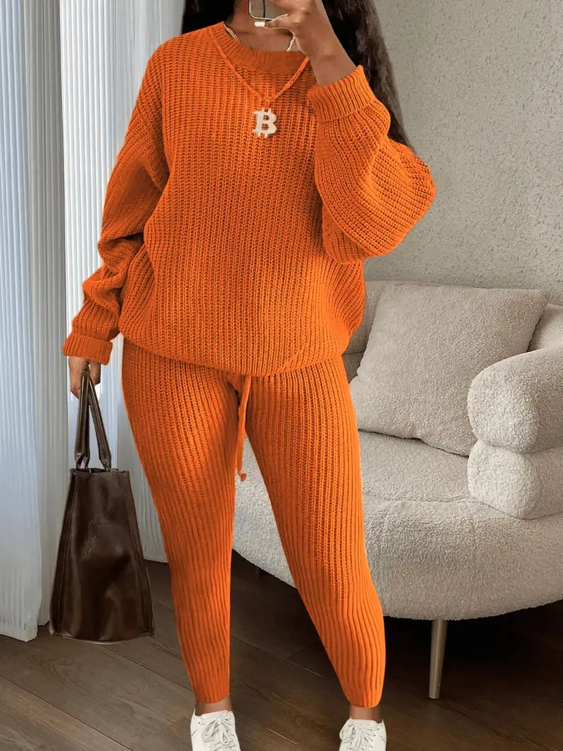🔥Women's Solid Round Neck Drop Shoulder Sweater & Drawstring Waist Pants Knit Set, Casual Cozy Knitwear for Daily Outdoor Wear, Ladies Fall & Winter Outfits, Women's 2 Pcs Sweater Set