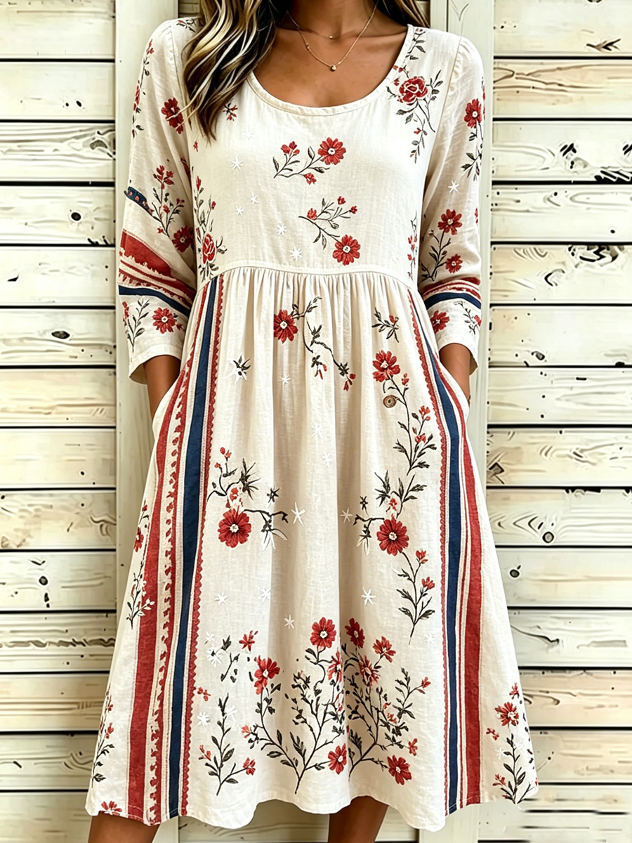 Women's Retro 250th Anniversary Flower Art Printed Dress