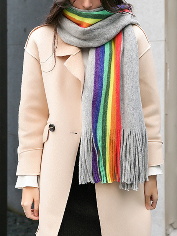 Contrast Color Keep Warm Multi-Colored Tasseled Scarf