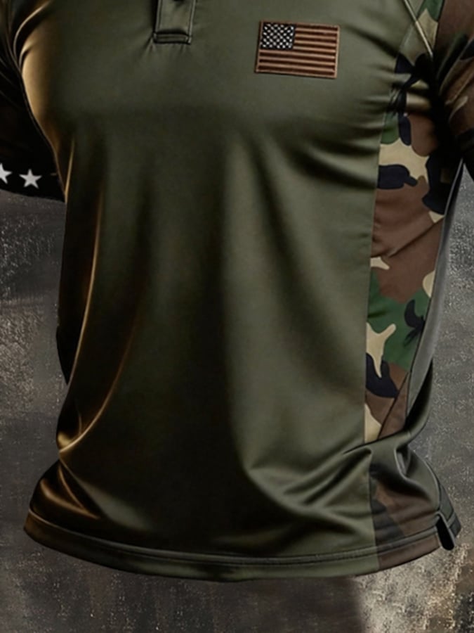 Men's Retro Patriotic Color-Block Short-Sleeve Henley T-Shirt