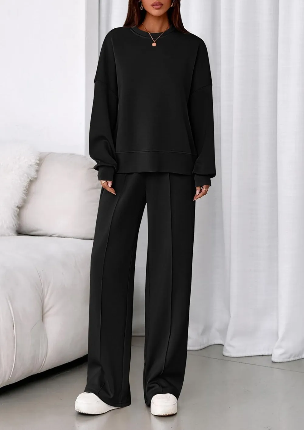 2 Piece Sets For Women Fall Trendy Long Sleeve Sweatshirt Wide Leg Pants Loungewear