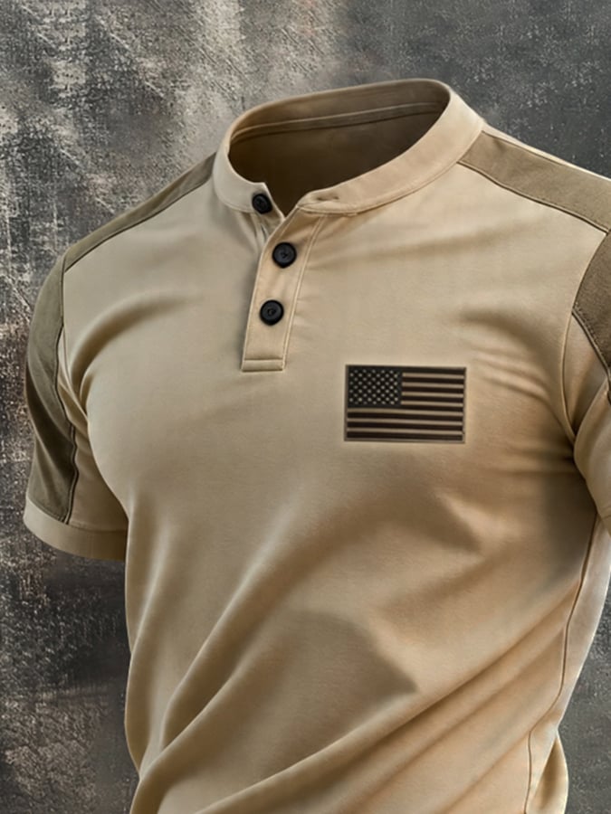 Men's Retro Patriotic Color-Block Short-Sleeve Henley T-Shirt