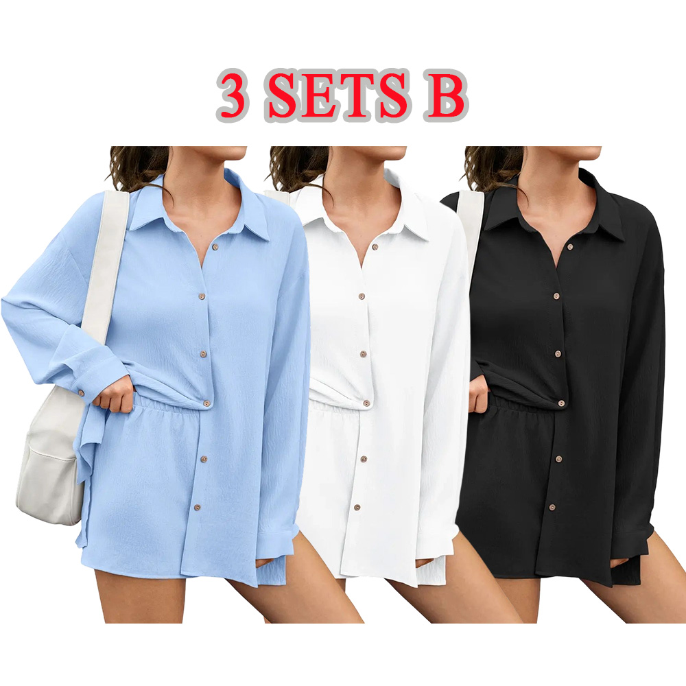 Womens Gauze Shirt & Shorts Set 2-in-1 Button Connected Oversized Long Sleeve Button-Down Top with Attachable Safety Shorts