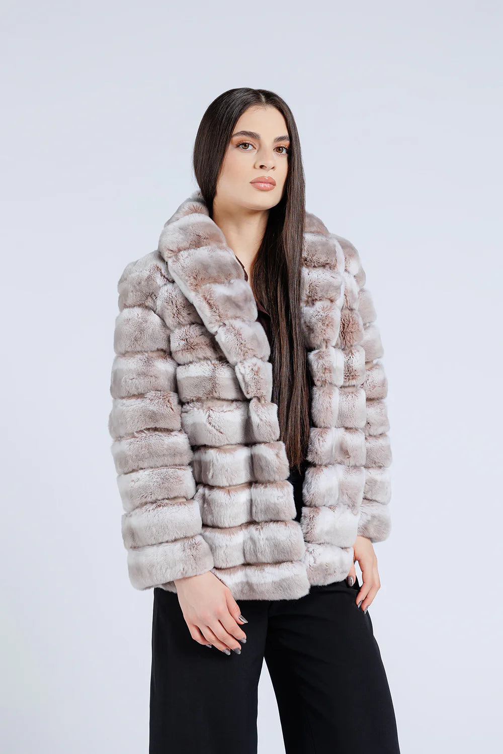 Haină din Blană Naturală de Rex Chinchilla, Guler Rever, Femei, Pearl 176