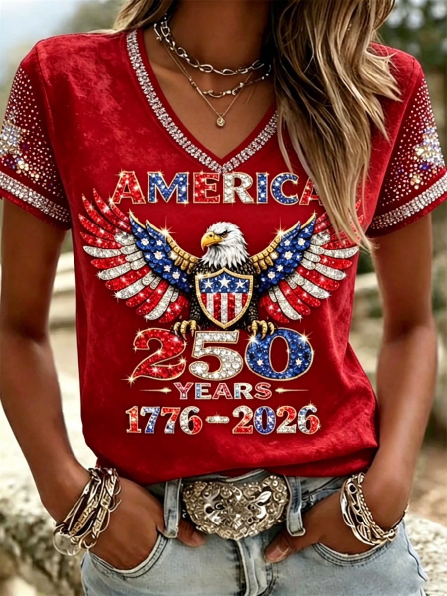 American 250th Anniversary Rhinestone Design Women's V Neck T-Shirt