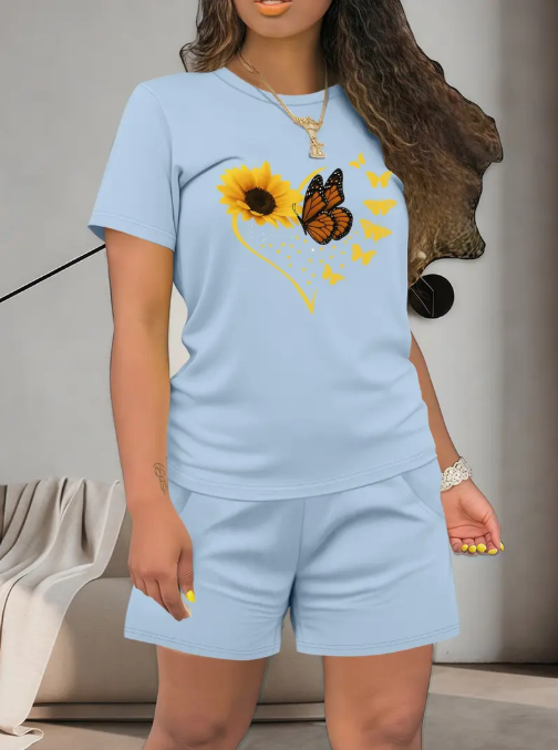 Women's Summer Casual Top & Shorts Set. Fitted Thin Lightweight Fabric Clothing