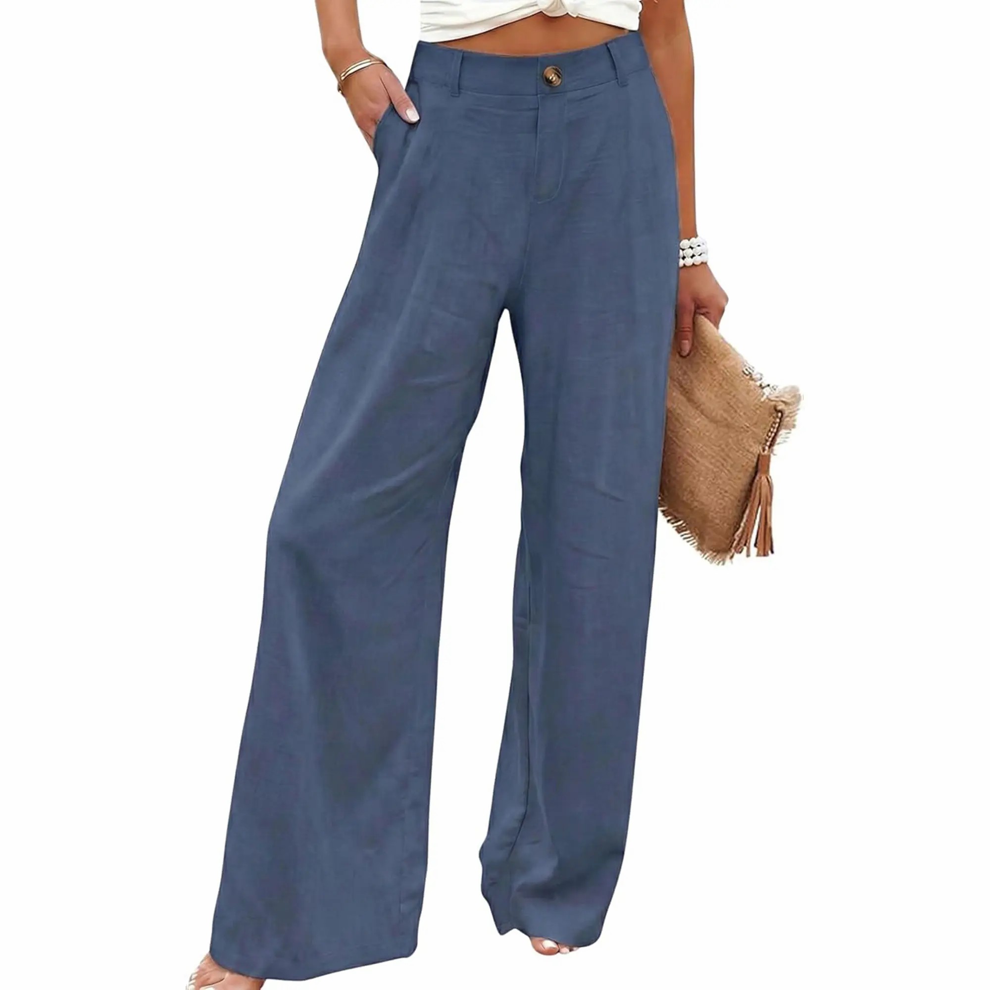 Women's High Waisted Wide Leg Linen Pants – Casual Button Up Cotton Trousers