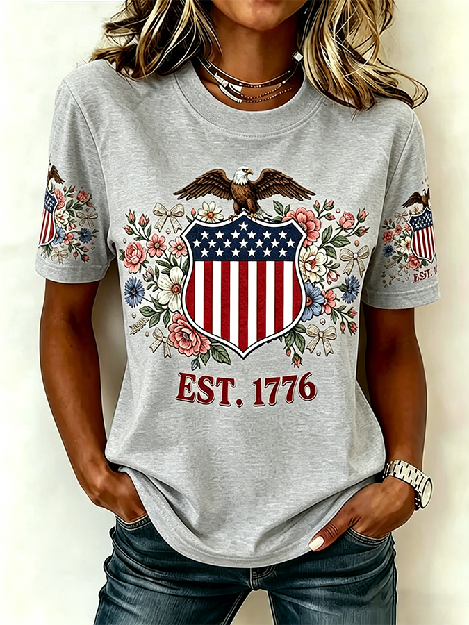 Ladies' Casual 250Th Anniversary Celebration Of The Founding Of The United States, Personalized Floral Print Round Neck T-Shirt