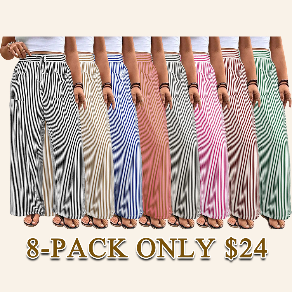 Women‘s Plus Size Wide Leg Pants Elastic High Waist Striped Casual Palazzo Pants Lounge Trouser with Pockets (1X-5X)