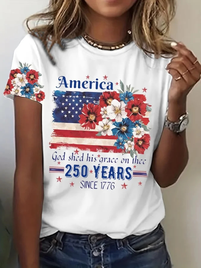 Ladies' Casual 250Th Anniversary Celebration Of The Founding Of The United States Floral Print Round Neck T-Shirt