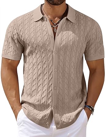 Mens Knit Button Down Shirt Short Sleeve Summer Casual Shirts Vintage Beach Vacation Shirts