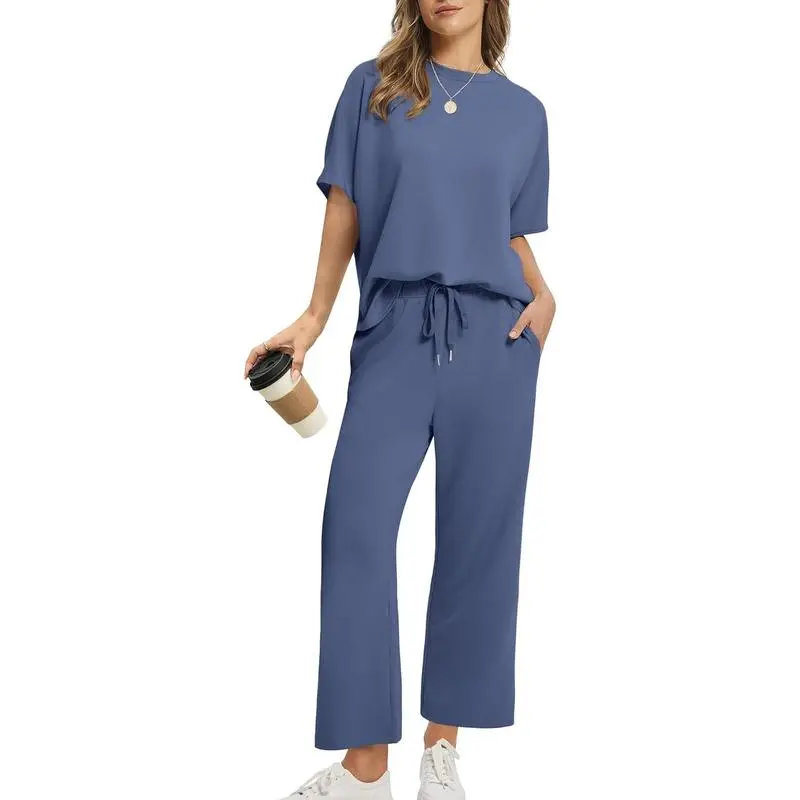 Two Piece Sets for Women Summer Outfits Oversized Wide Leg Crop Pants Lounge Sets