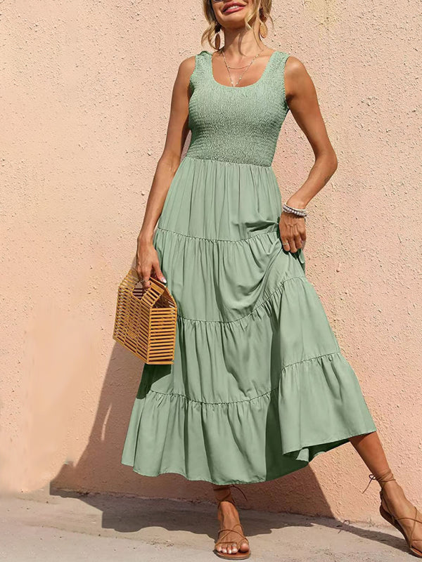 Spaghetti Strap Skirt Pleated Stitching A-Line Large Hem Dress