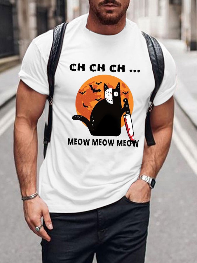 Men's Halloween Artistic Cat Print Short Sleeve T-shirt