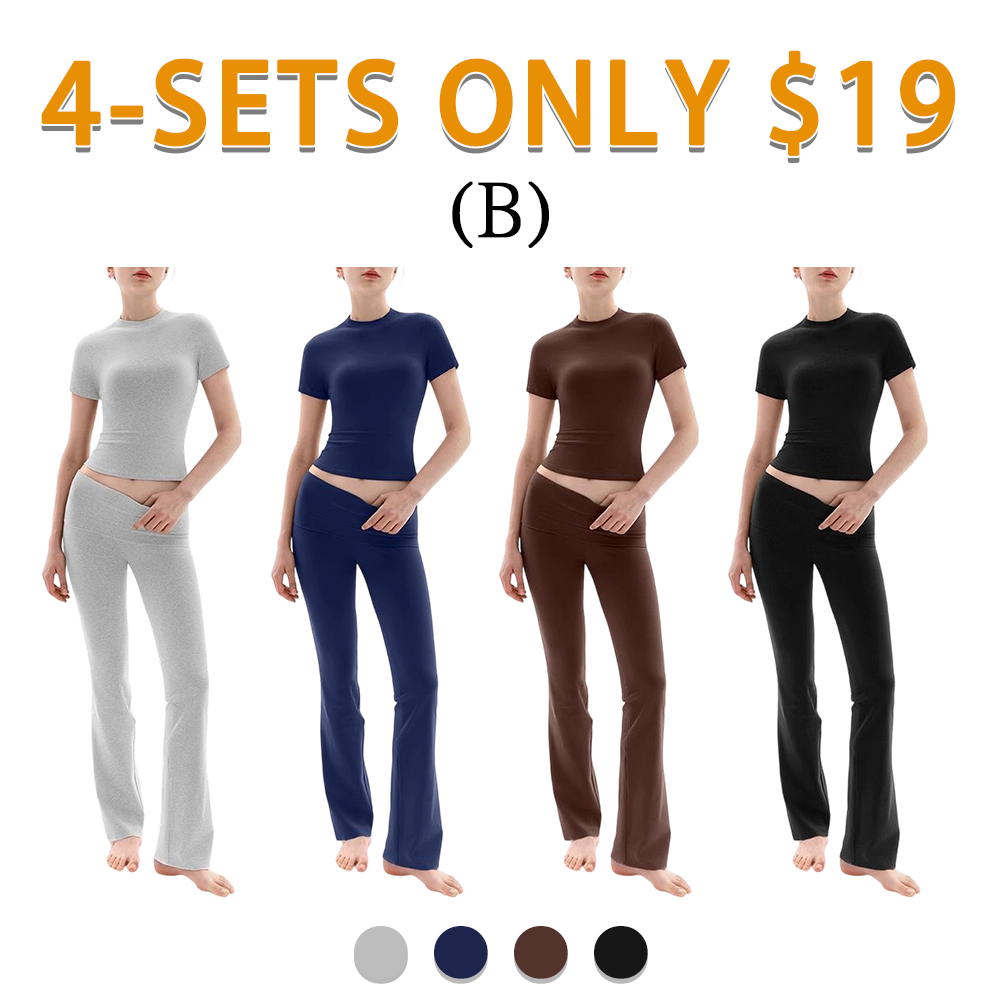 Women's Minimalist Short Sleeve & Fold-Over Flare Pants Lounge Set