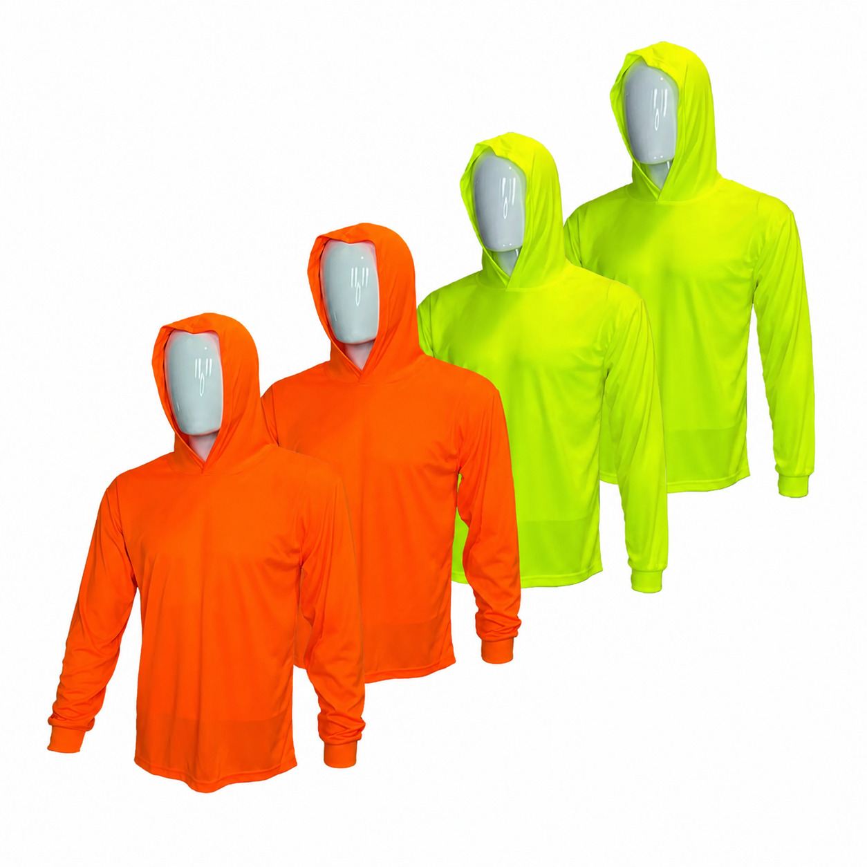 4 SHIRT PACK Hi Visibility ultra light weigh Long sleeve hoodie shirt / 100 % polyester birdeye Fabric for quick dry AVAIALBE IN VARIOUS COLORS
