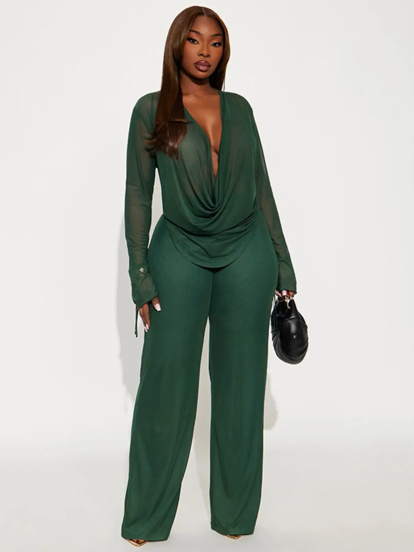 Women's Fashion Casual Two-Piece Set, Deep V Mesh Top & Wide Leg Pants, Trendy Long Sleeve Tie Design, Perfect for Daily Wear