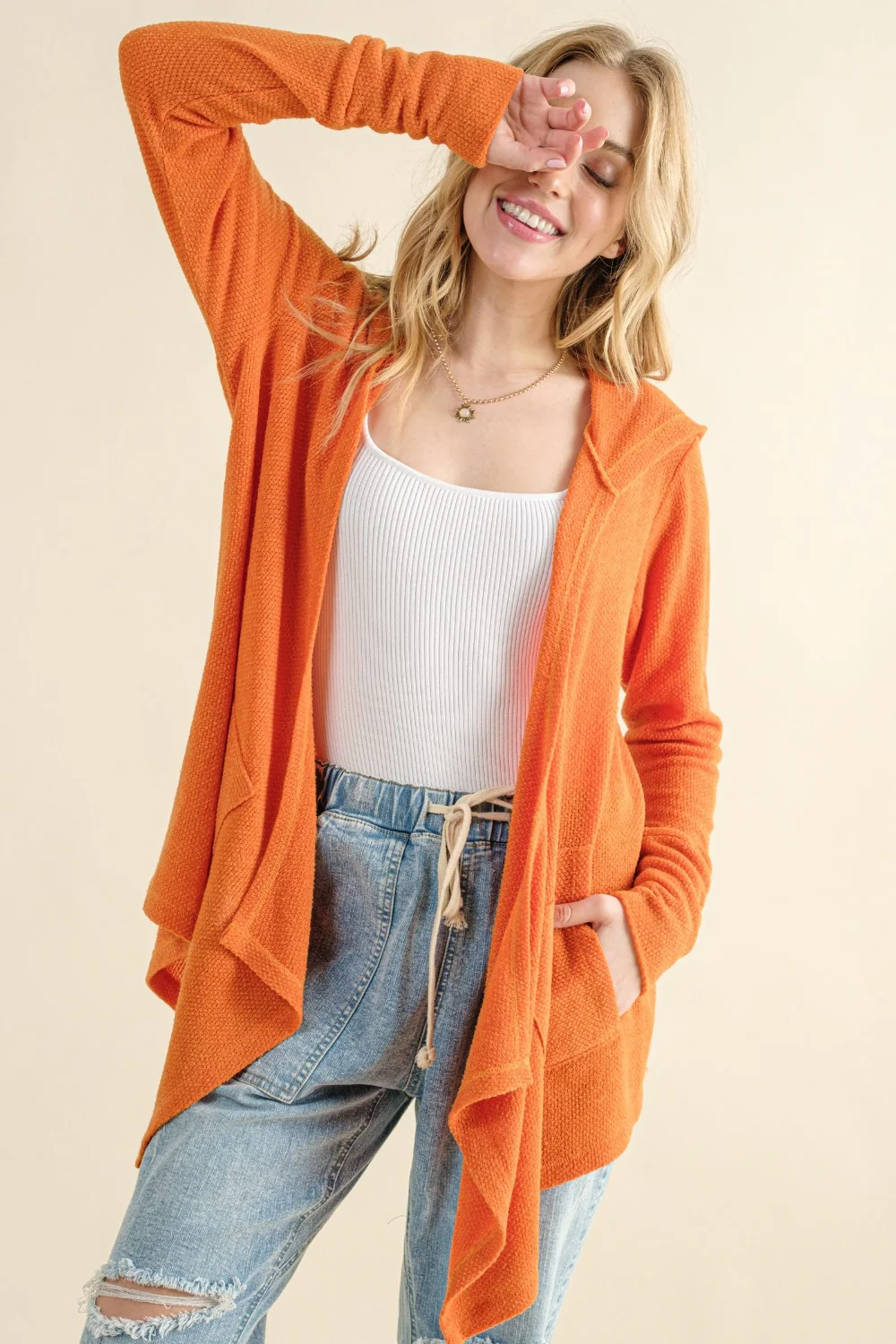 Full Size Thermal Hooded Open Front Cardigan with Pockets