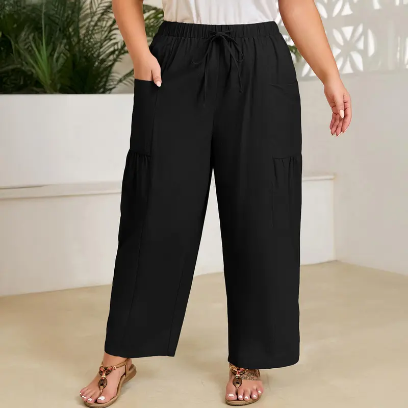 Women's Plus-Size Wide-Leg Pants — Pure Cotton Loungewear with Pockets