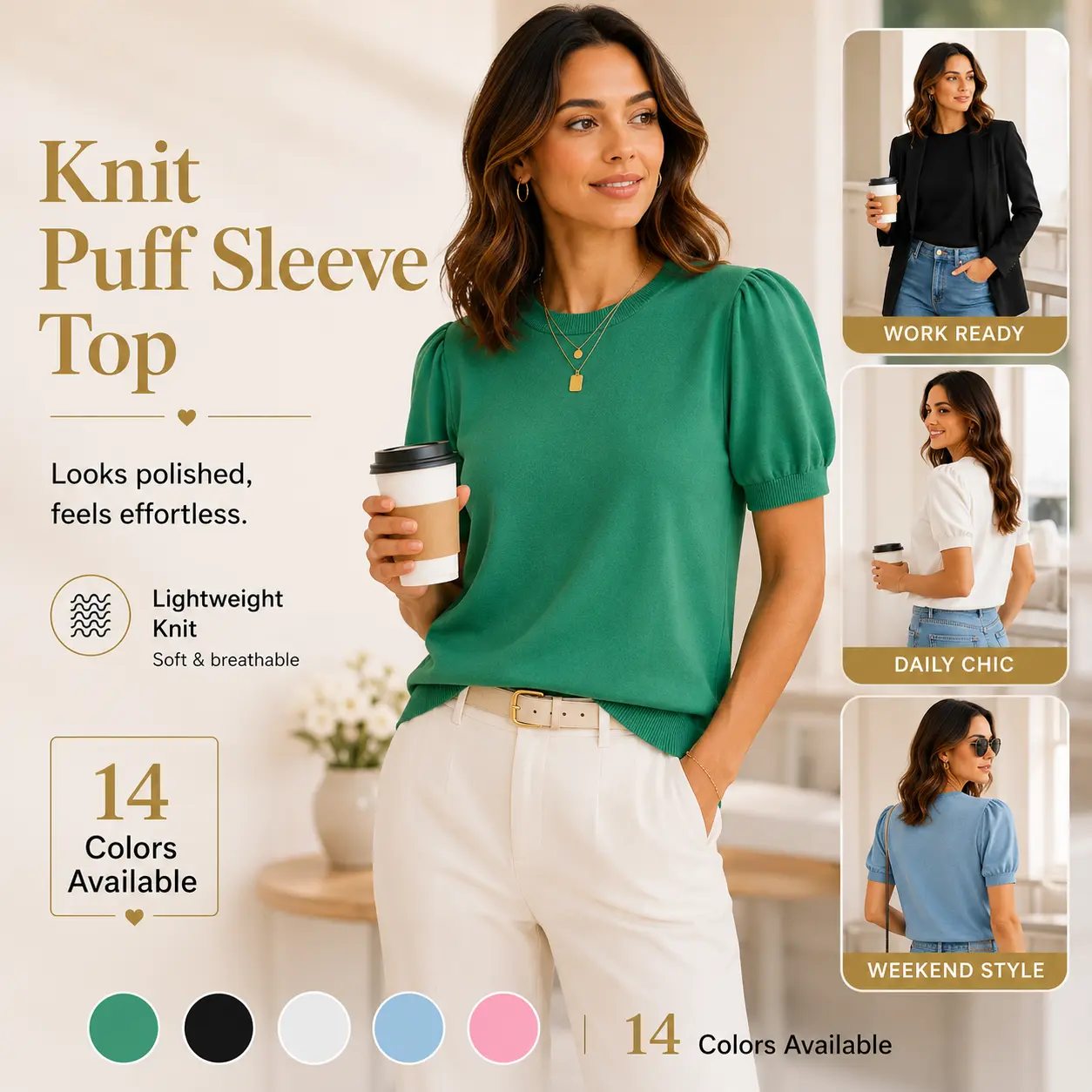 Women's Puff Short Sleeve Lightweight Knit Top Soft Breathable
