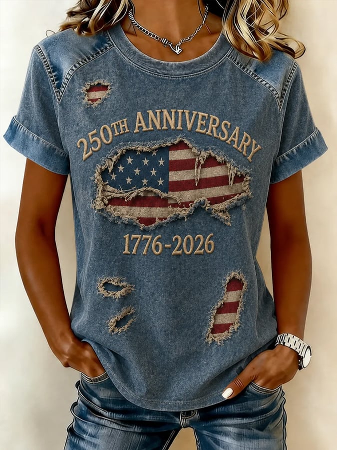 Women's 250th Anniversary Printed Casual Waffle Short-Sleeve T-Shirt