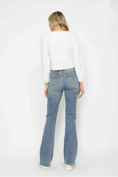 Blue Full Size Tummy Control Back Embroidered Pocketed Bootcut Jeans - Multiple Lengths