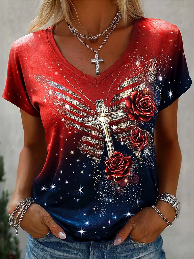 250Th Anniversary Of The Founding Of The United States Women'S Casual Brick Printed V-Neck T-Shirt