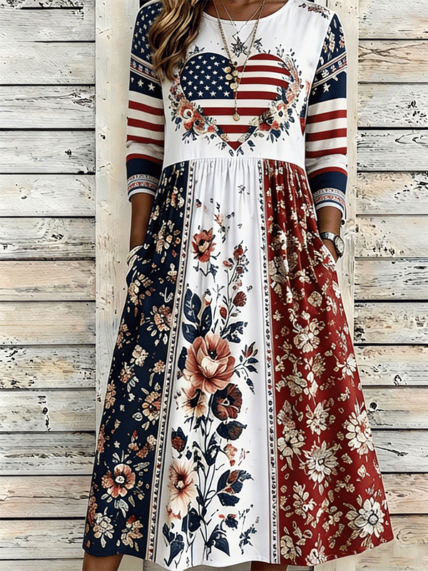 Women's American Flag Floral Patchwork Midi Dress