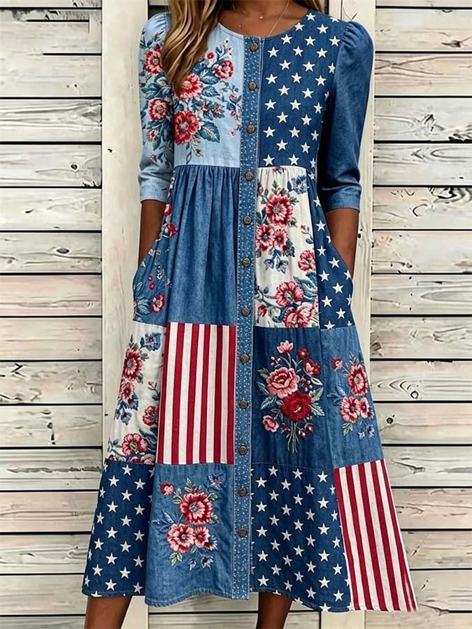 Women'S Casual Loose Dress With Independence Day Print