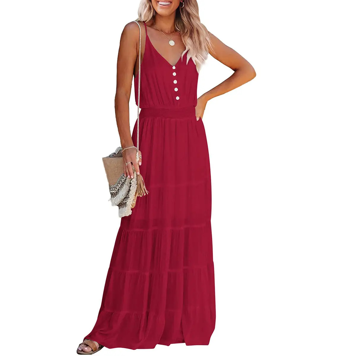 Women's Casual Summer Dress Spaghetti Strap Sleeveless High Waist Beach Long Maxi Sun Dresses