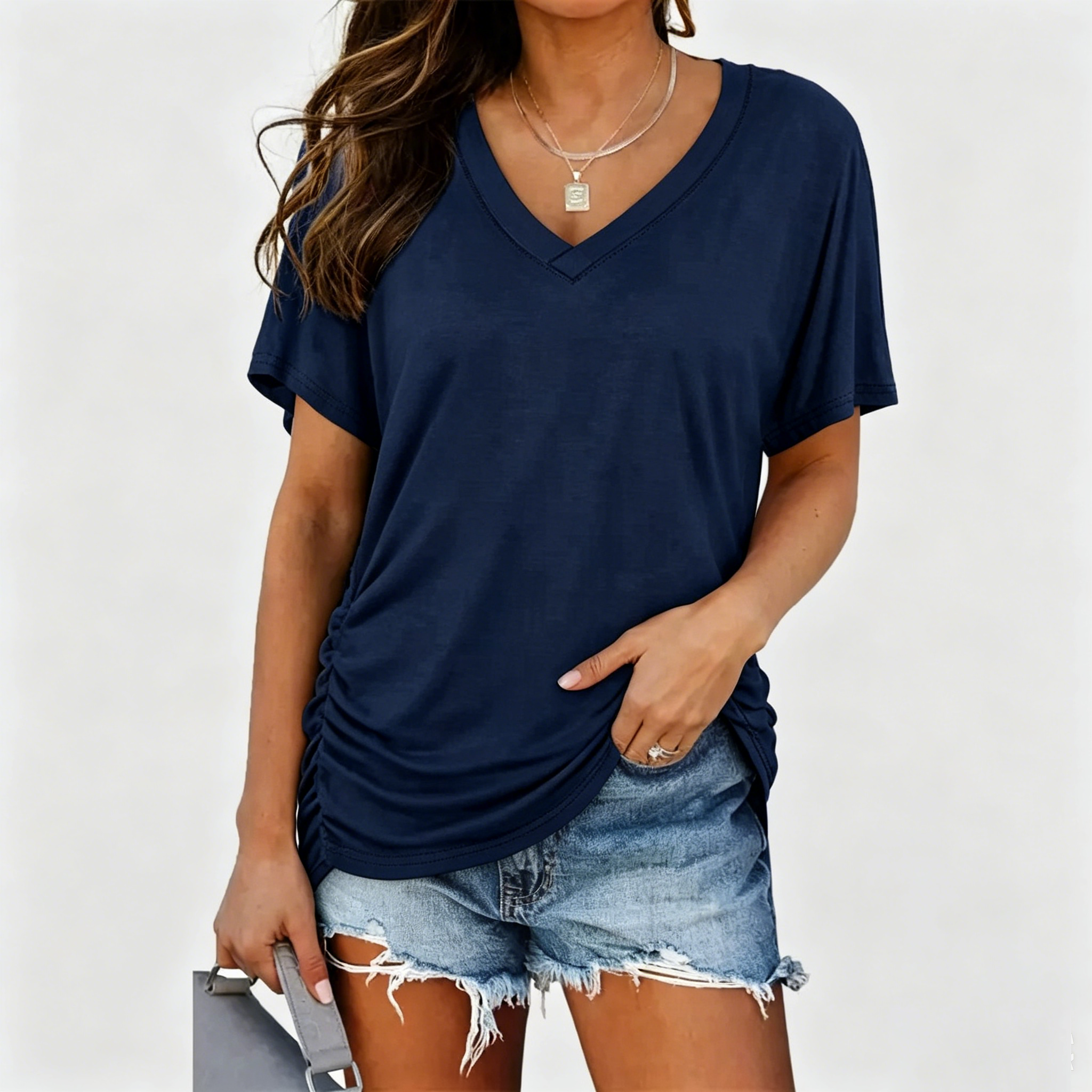 Womens Short Sleeve V Neck Dolman Tops with Side Shirring Loose Fit Shirts