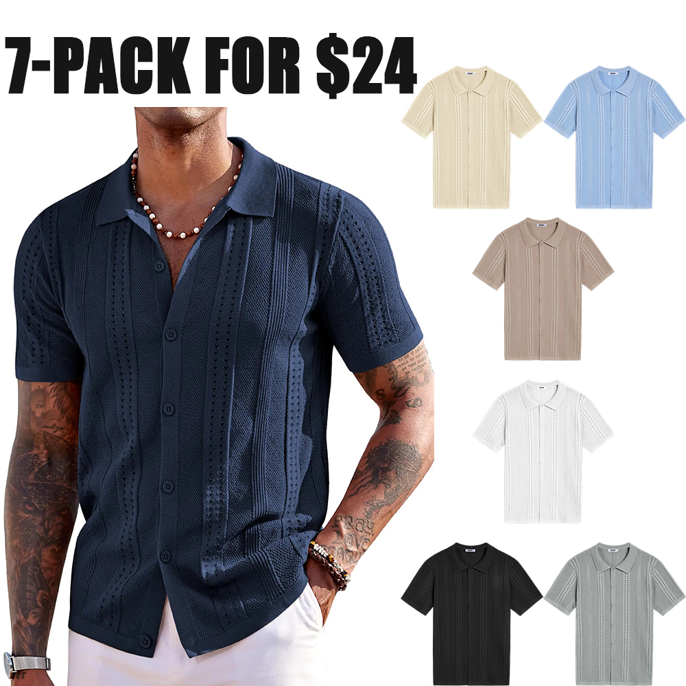 Men's Knit Shirts Short Sleeve Button Down Polo Shirt Fashion Casual Summer Beach Shirts Menswear Top