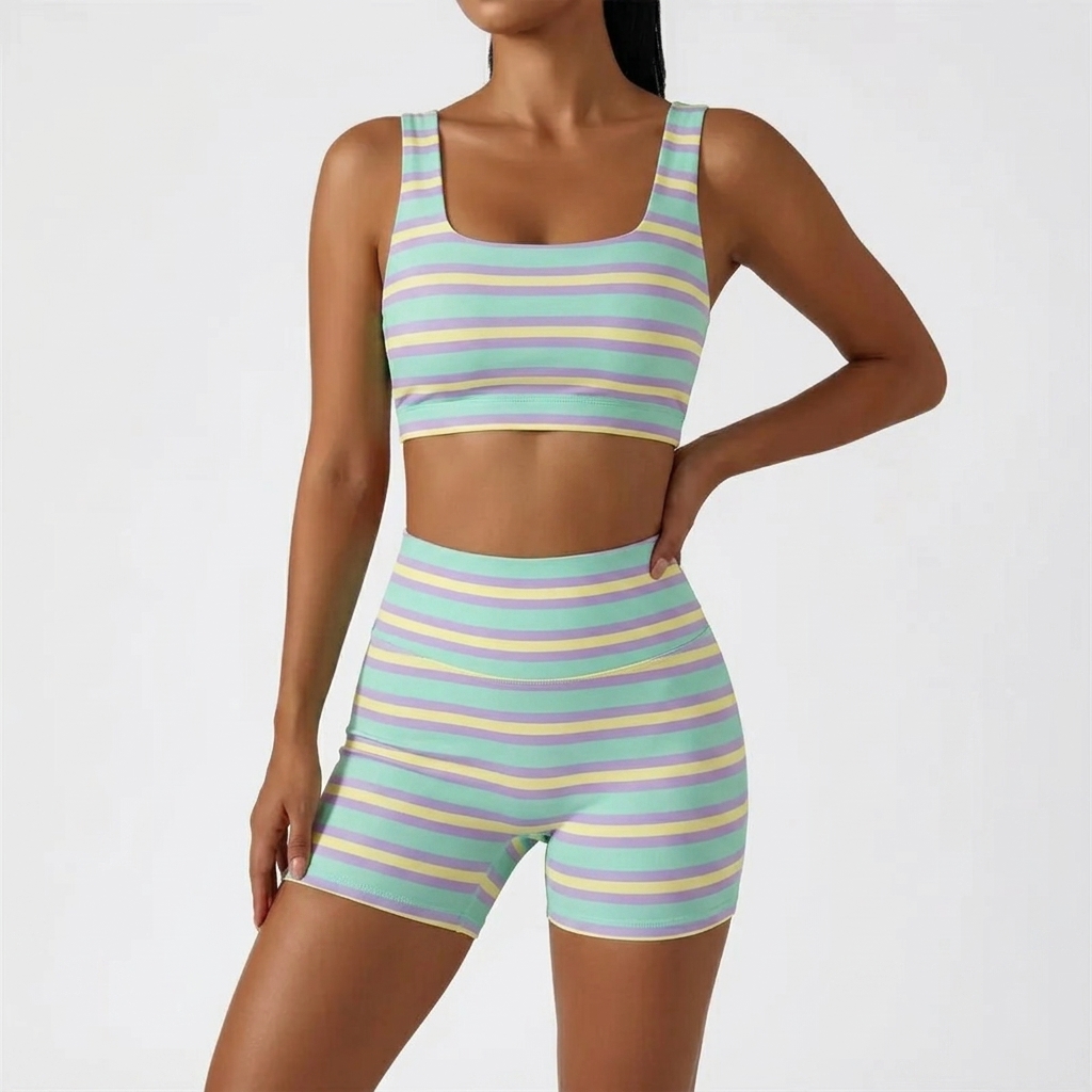 Women’s Rainbow Stripe 2 Piece Workout Set Sleeveless Crop Tank Top High Waist Biker Shorts Matching Lounge Outfit