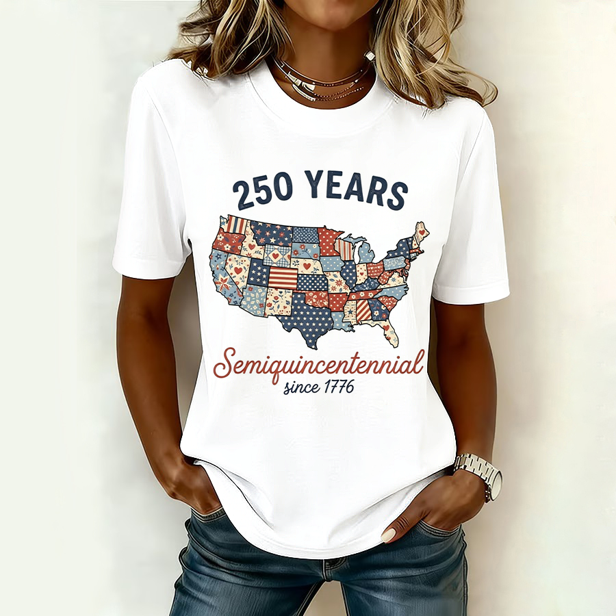 American Women'S Casual American Flag Printed Round Neck T-Shirt