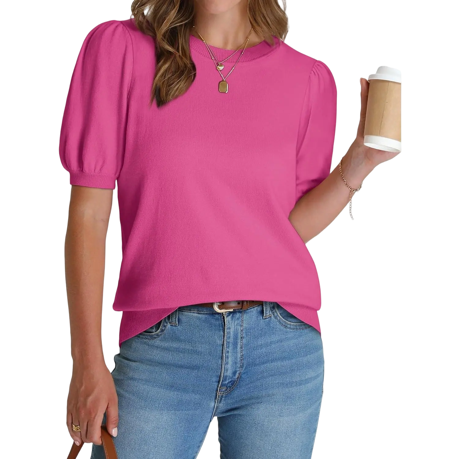 Women's Puff Short Sleeve Lightweight Knit Top Soft Breathable
