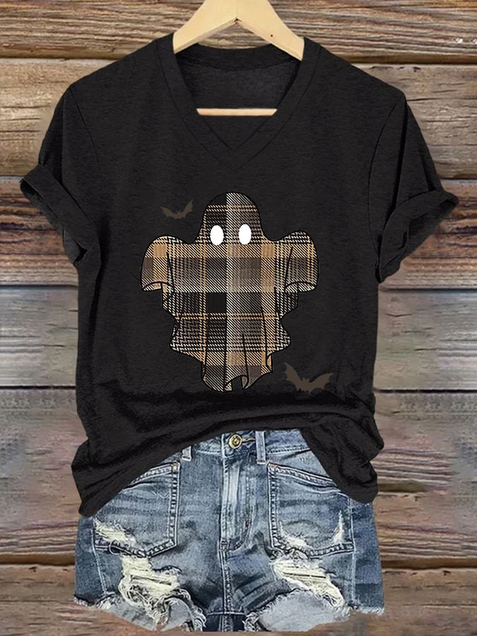 🔥HOT SALE🔥V-Neck Retro Halloween Ghost & Bats Flannel Plaid Print T-Shirt