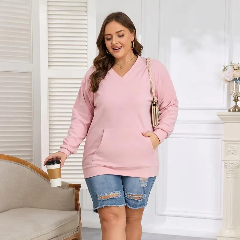 Women's hoodless V-neck fleece long-sleeved shirt with kangaroo pocket
