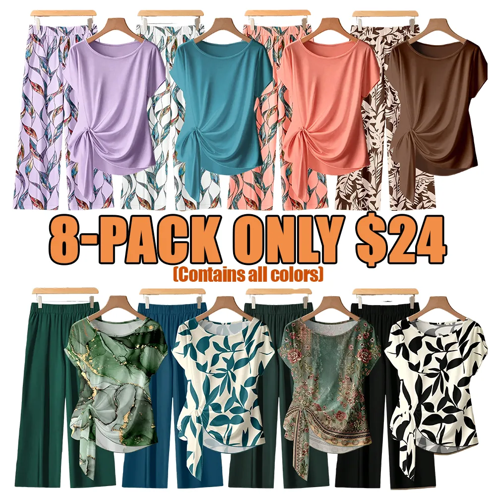 Women's Casual Printed Necktie Shirt and Loose Straight Pants Set