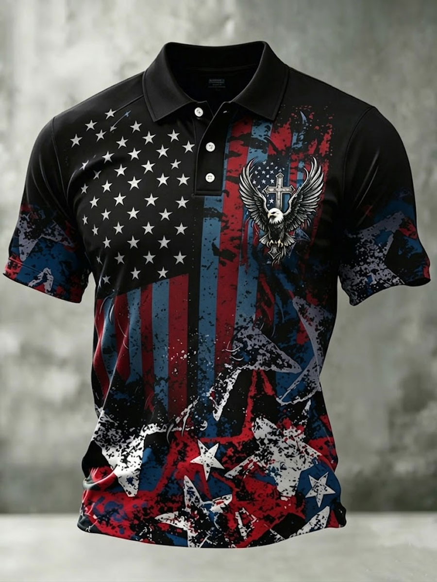 Men'S Retro Patriotic Color-Block Short-Sleeve Polo Shirt