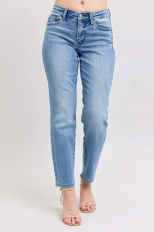 Blue Full Size Mid Rise Vintage Wash Slim Jeans with Cell Phone Pocket Plus Size