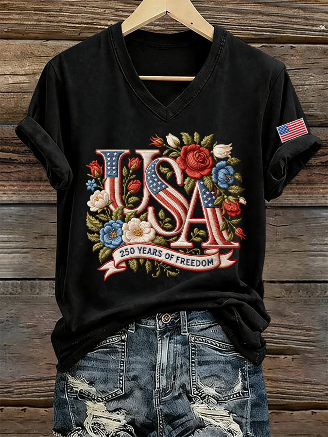 Women's 250 Years Of Freedom Print V Neck T-shirt