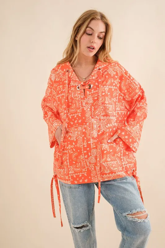 Bandana Pattern Lace Up Detailed Windbreaker