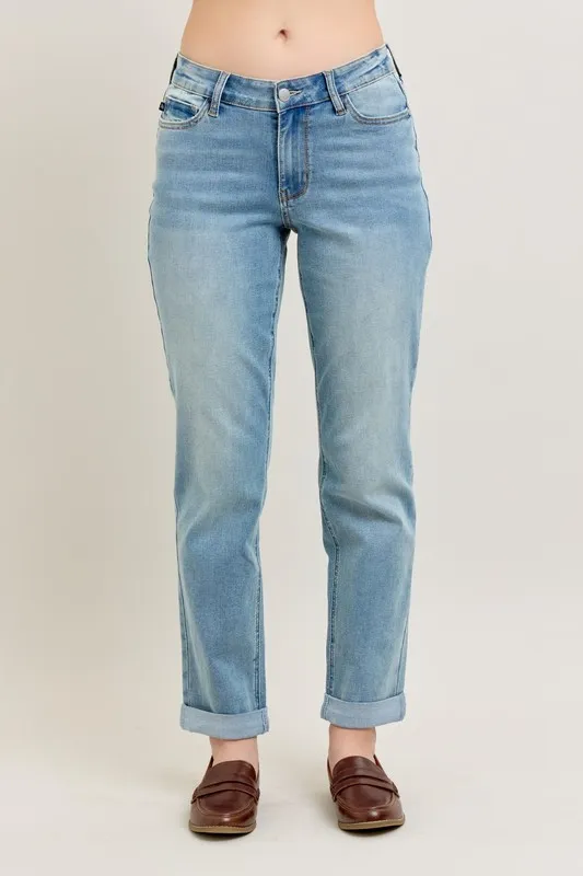 Blue Full Size V-Front Cuff Boyfriend Jeans Plus Size