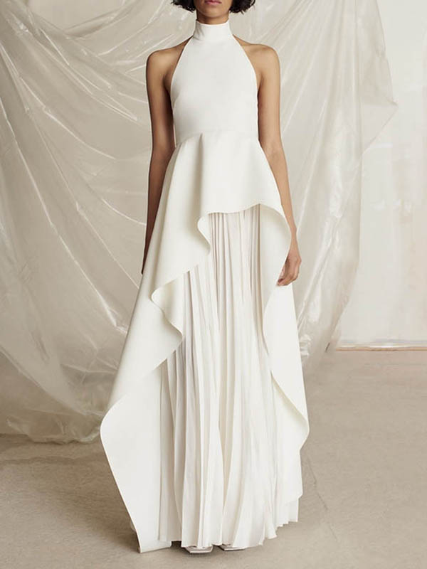Original Sleeveless Irregularity Solid Color High-Neck T-Shirt Top&Pleated Skirt Bottom Two Pieces Set