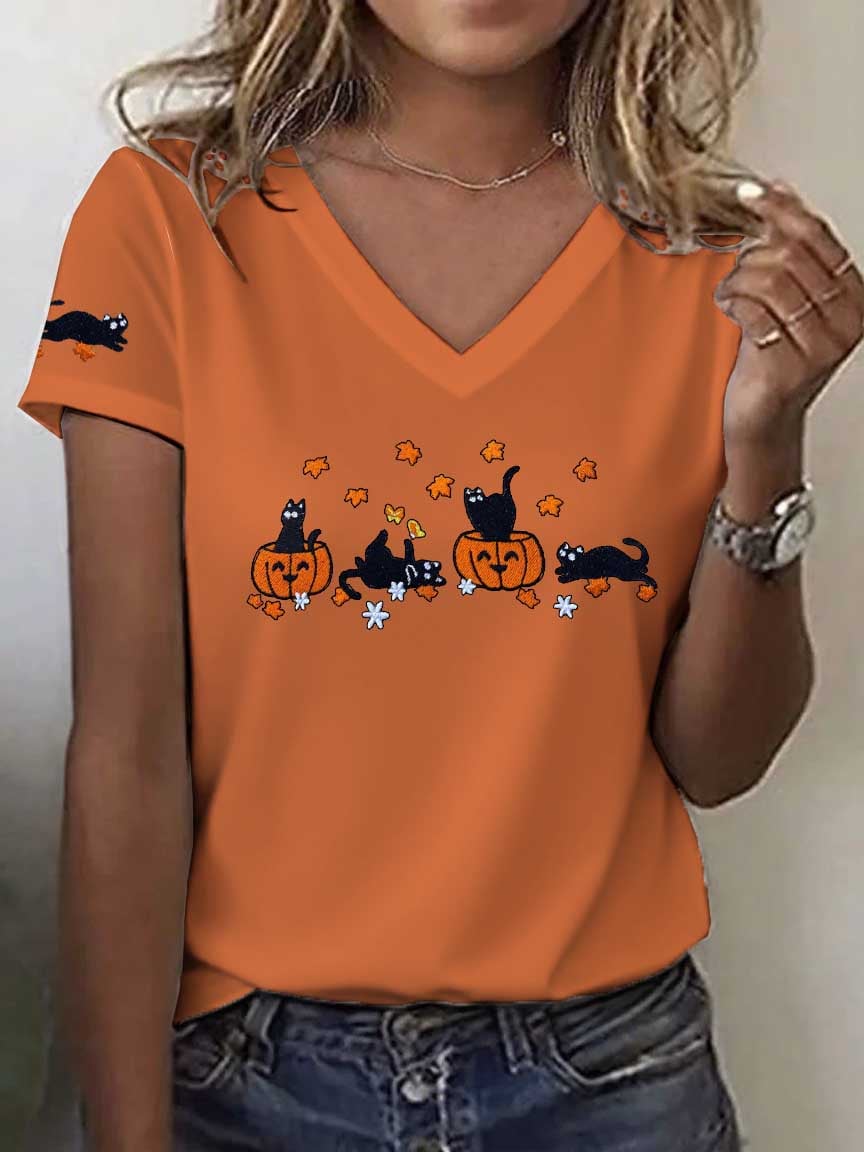Women's Cute Pumpkin Cat Print Casual Top