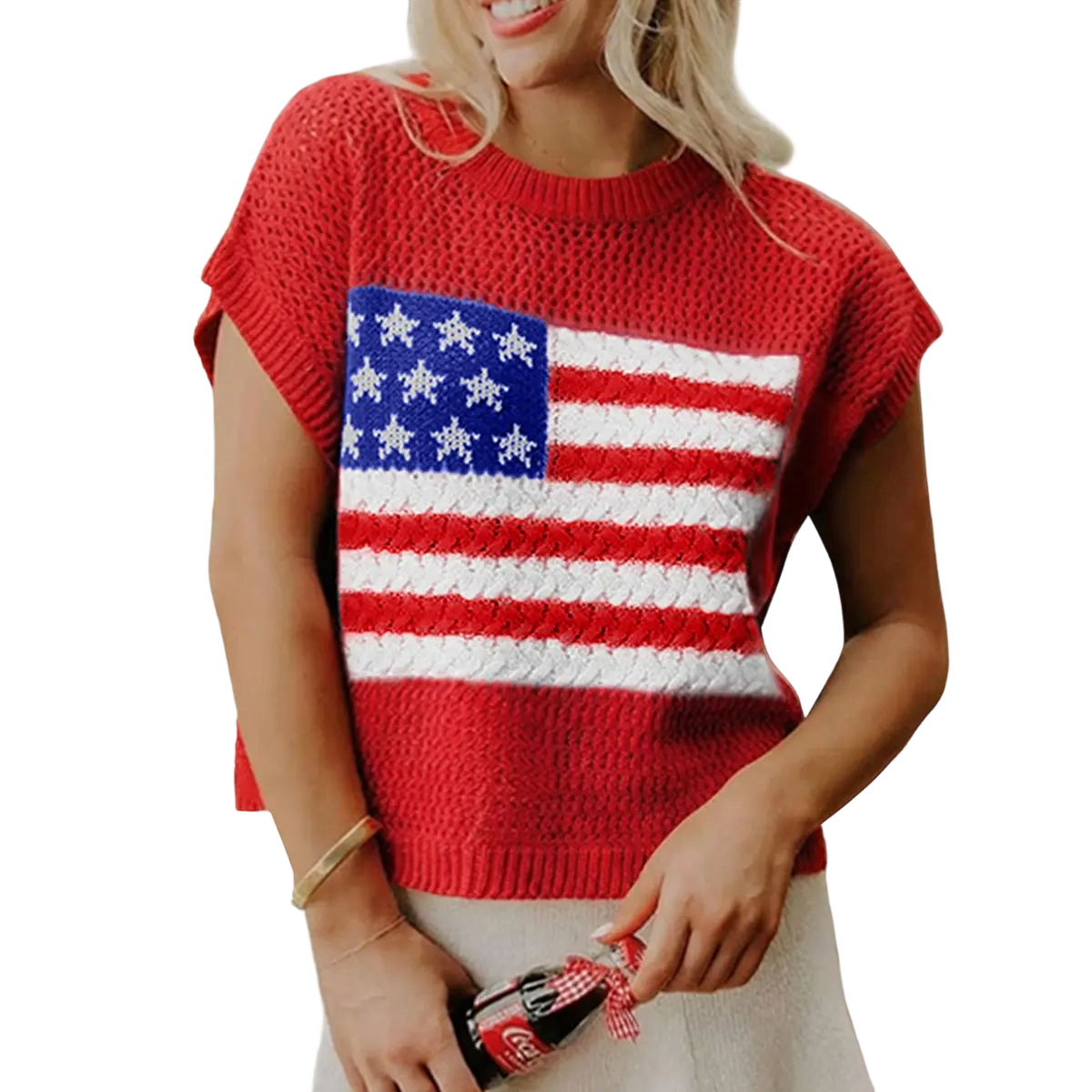 Women's American Flag Graphic Relaxed Fit Short Sleeve Knit Sweater Top