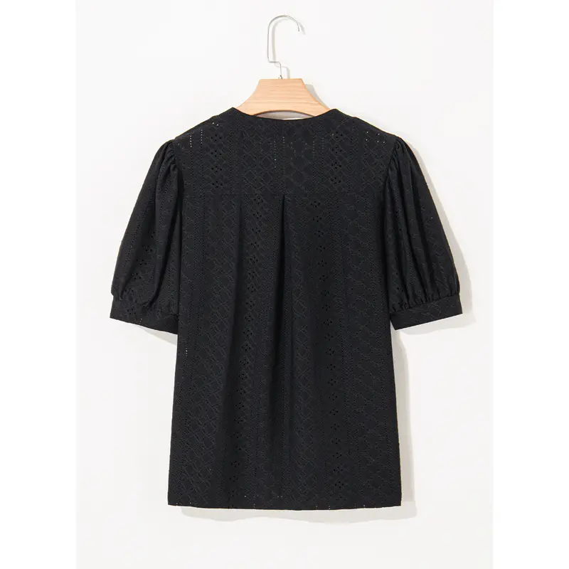 Women's Summer Business Casual Blouses V Neck Short Sleeve Shirts Hollow Out Cute Lace Tops Loose Fit Breathable Fabric