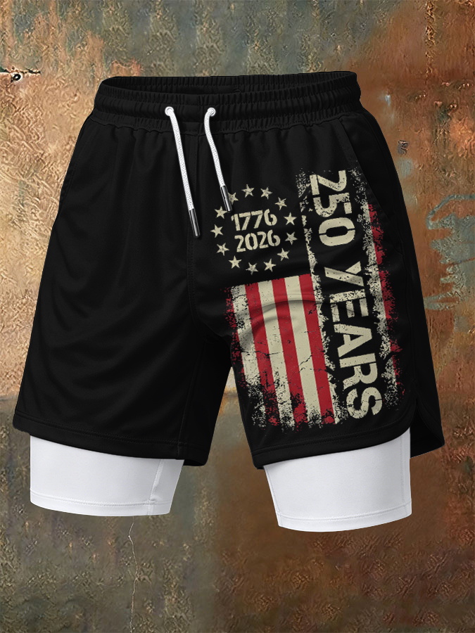 Men'S Independence Day Founding Celebration Printed Pattern Slim Fit Double Layer Sports Elastic Belt Quick Drying Breathable Shorts